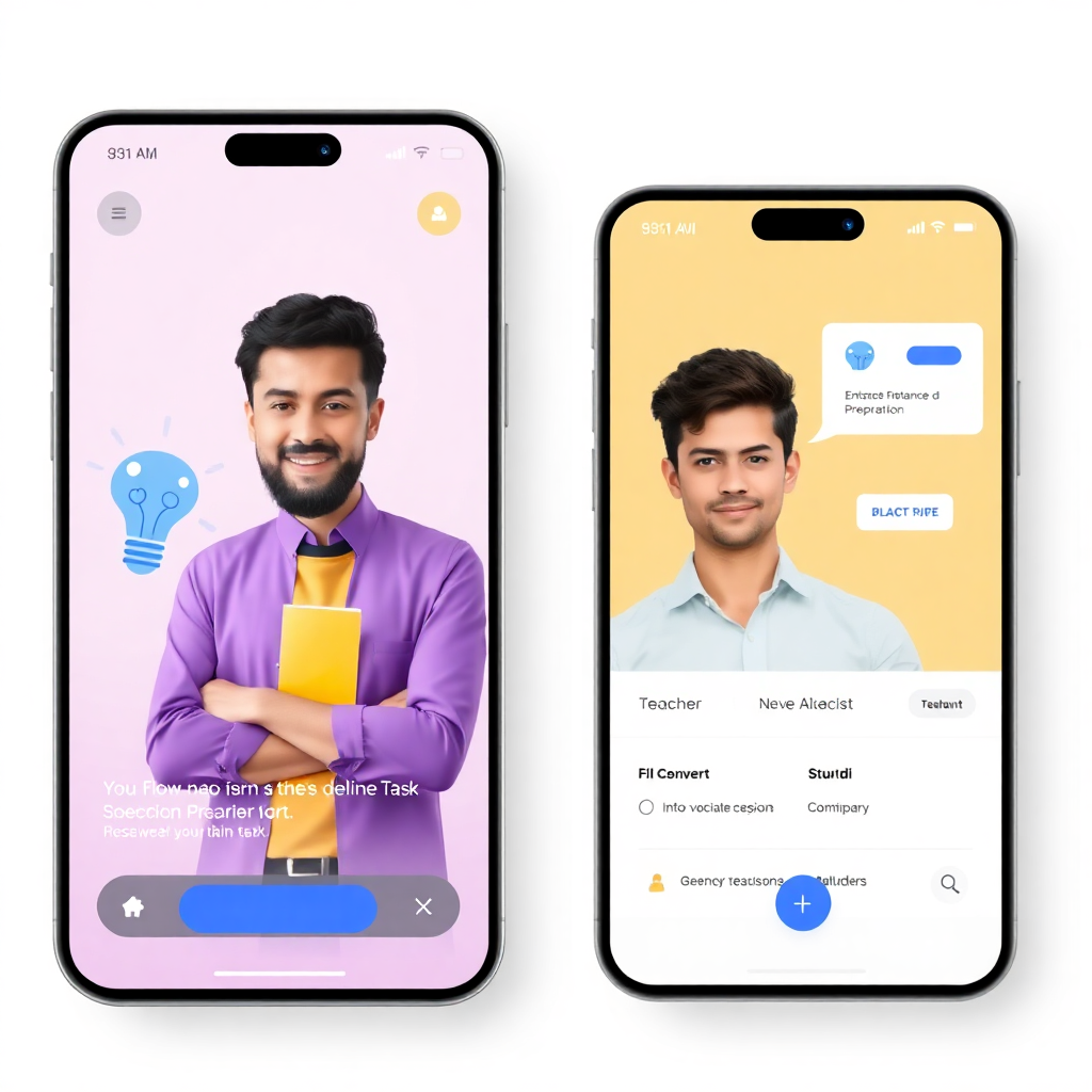 mobile app interface showing entrance exam preparation app with AI features, split screen showing teacher and student view, professional UI design