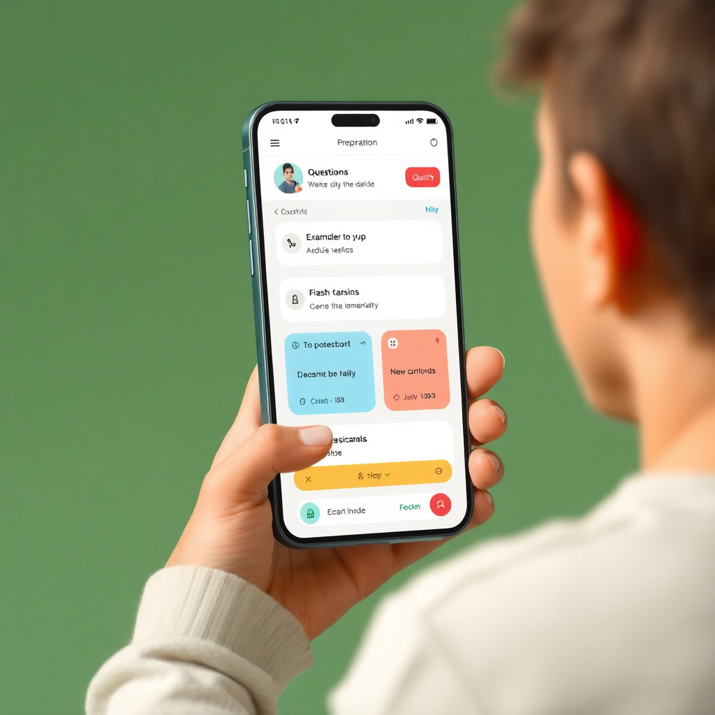 student using mobile app for exam preparation, AI assistant helping with questions, flashcards and quiz interface, modern UI design