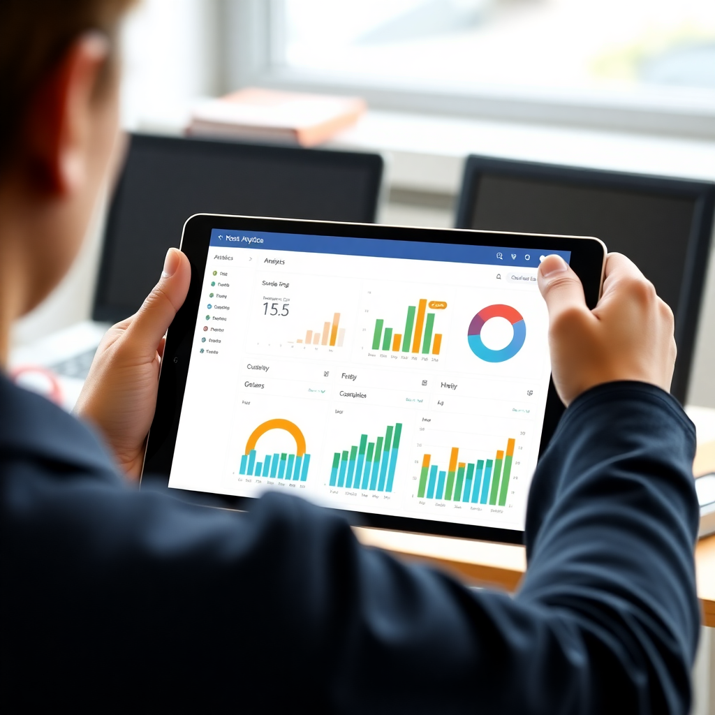 teacher using tablet with analytics dashboard showing student performance, educational app interface with graphs and charts, professional UI